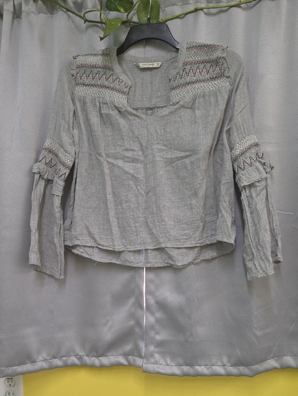 Zara Light Gray Smocked Peasant Blouse